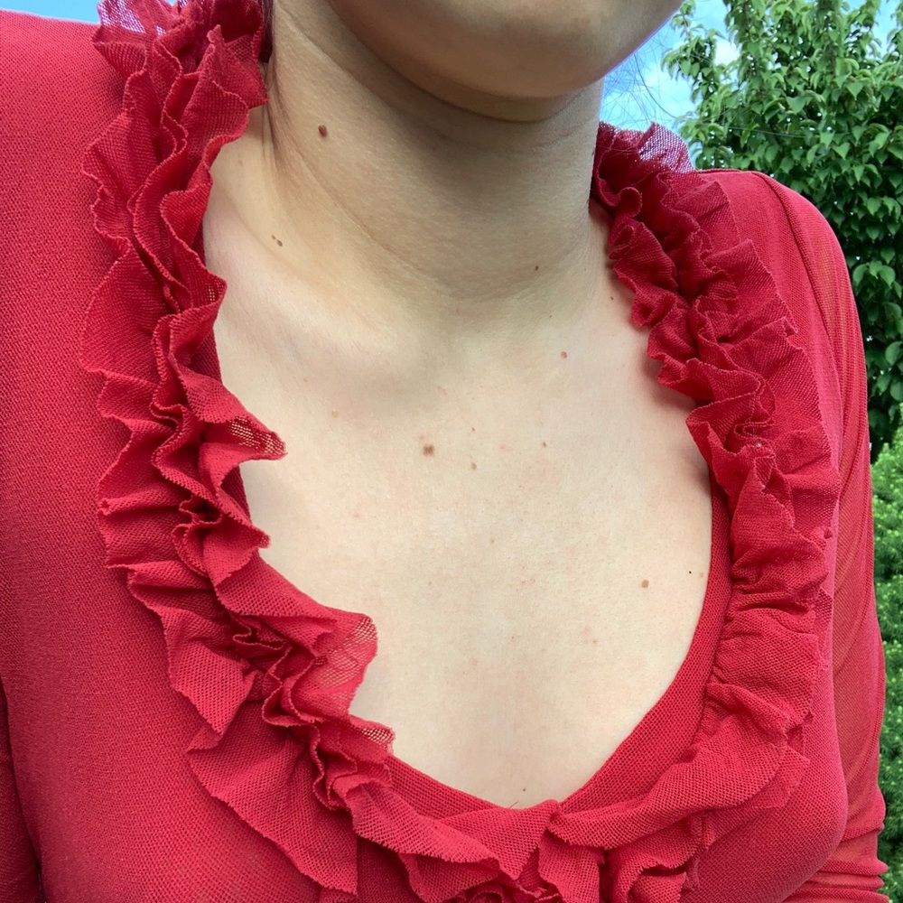 Vintage Red Mesh Ruffled Blouse - Size S